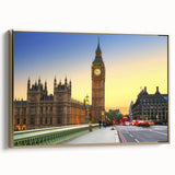 Framed canvas of the Big Ben with gold accents in muted earth tones, ideal for bedroom wall art.