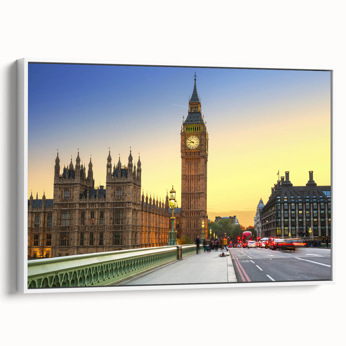 Vintage poster art of Big Ben with muted colors on a large framed canvas, suitable for living room decor.