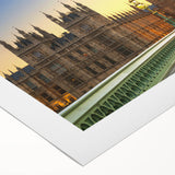 Art deco poster of Big Ben in muted gray and blue tones on rolled canvas, suitable for dining room decor.