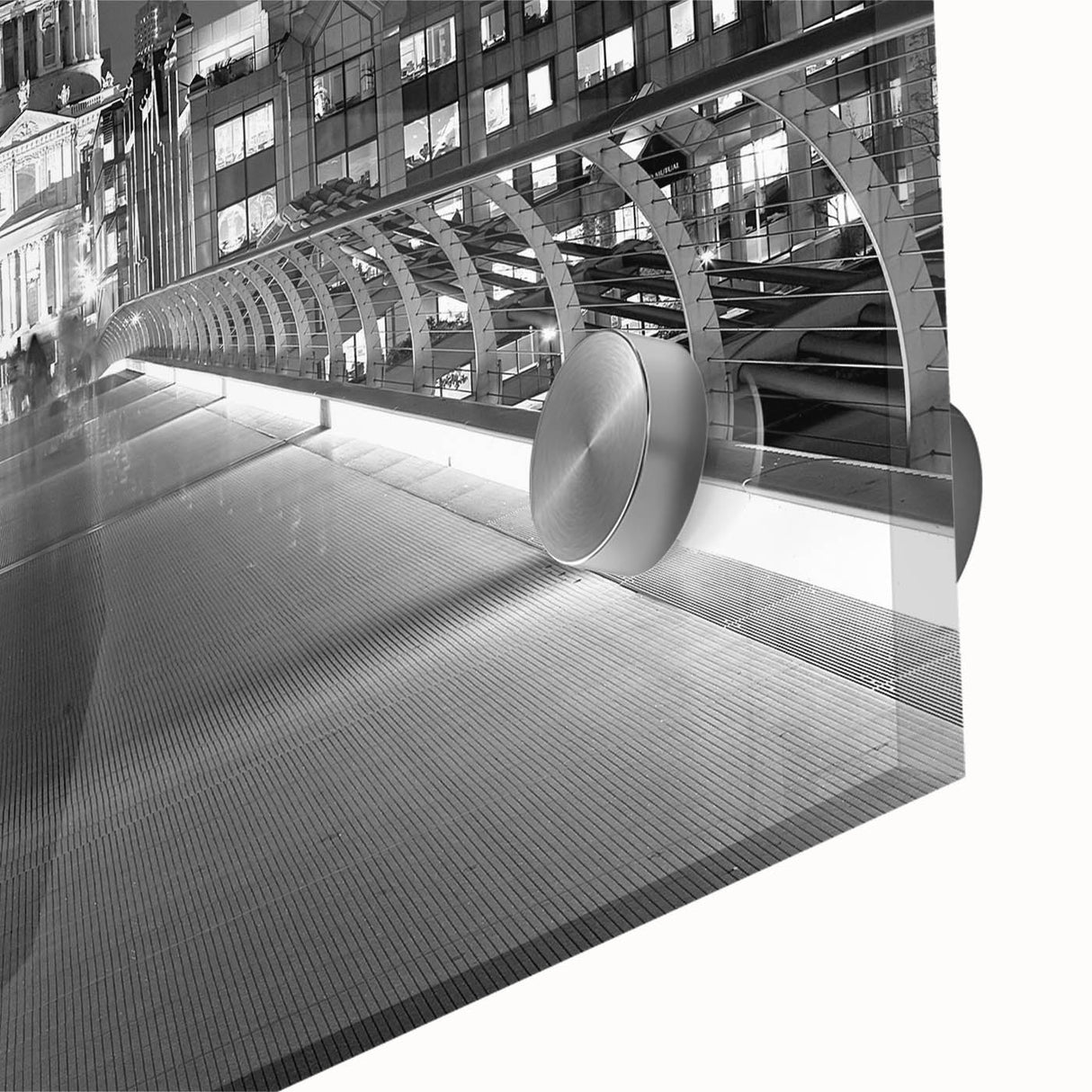 Large abstract depiction of the London skyline in muted blues and grays on acrylic glass, ideal for dining room art.