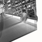 Large abstract depiction of the London skyline in muted blues and grays on acrylic glass, ideal for dining room art.