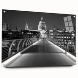 Acrylic print of London skyline in muted gray and blue tones, suitable for dining room or bedroom decor.