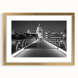 Abstract art print of London skyline in muted gray and gold tones, framed with a gold mat, ideal for dining room decor.