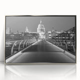 Large art print of London scenery in mid-century modernist style on silver-framed acrylic, suited for modern wall decor.