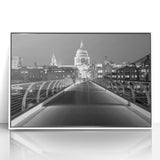 Mid-century modernist art of London skyline in muted gray and blue tones on a white framed acrylic.