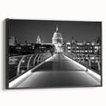 Framed canvas featuring a black and white vintage poster of the London skyline, ideal for bedroom wall decor.