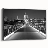 Framed canvas featuring a black and white vintage poster of the London skyline, ideal for bedroom wall decor.