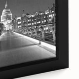 Close-up of extra large framed canvas featuring a textured depiction of the London skyline in black with colorful accents.