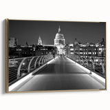 Landscape painting of London on framed canvas with vintage poster style in black and gold, ideal for bedroom wall decor.