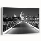 Vintage poster art of London scenery on framed canvas, featuring colorful art on black background, ideal for living room.