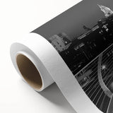 Art Deco style poster of London scenery on rolled canvas, in muted gray and blue tones, ideal for nursery wall art.