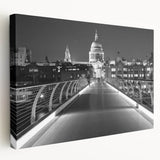 Large art of London skyline in muted blue and gray tones on stretched canvas, ideal for kitchen wall art.