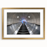 Abstract art print of Piccadilly, England in muted gray and gold tones on a framed canvas, suitable for dining room decor.