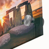 Mid-century modernist style depiction of Stonehenge in muted earth tones on acrylic glass, ideal for dining room art.
