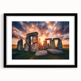 Extra large abstract art print of Stonehenge in vibrant, textured colors on a black framed mat, ideal for living room decor.
