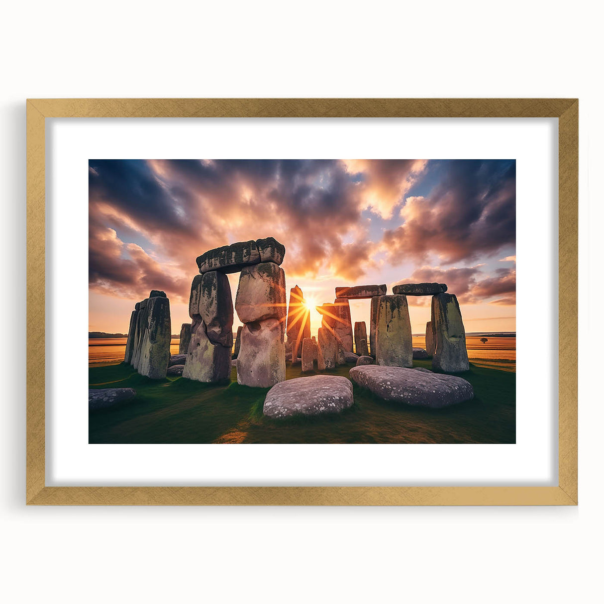 Abstract art print of Stonehenge in muted earth tones on a framed gold mat, suitable for bedroom or dining room decor.