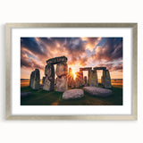 Extra large framed wall art of Stonehenge in muted earth tones, ideal for living room decor.
