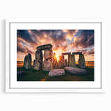Textured art print of Stonehenge in muted earth tones on a white framed canvas, ideal for bedroom decor.