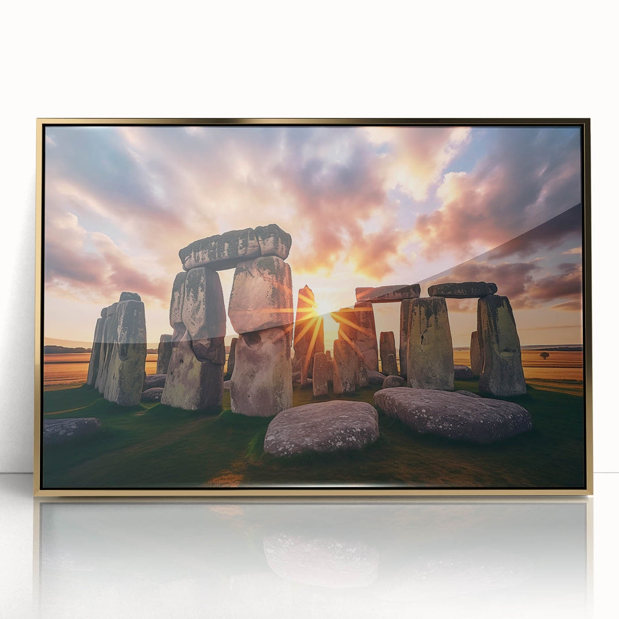 Art deco poster of Stonehenge in muted earth tones on a gold-framed acrylic, ideal for modern art wall decor.