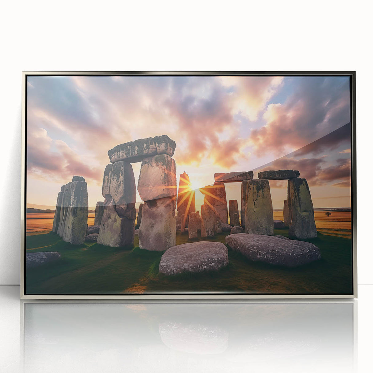 Acrylic print of Stonehenge in muted earth tones, framed in silver, suitable for modern art wall decor.