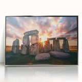 Acrylic print of Stonehenge in muted earth tones, framed in silver, suitable for modern art wall decor.
