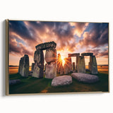 Framed canvas wall art featuring a vintage-style landscape of Stonehenge with muted earth tones, ideal for bedroom decor.