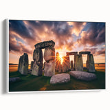 Framed canvas depicting Stonehenge in muted earth tones, ideal for living room decor in a vintage poster art style.