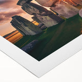 Art deco poster of Stonehenge in muted earth tones on rolled canvas, suitable for dining room wall art.