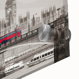 Large abstract depiction of the Thames River in muted blue and gray tones on acrylic glass, suitable for dining room art.