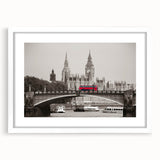 Textured art of the Thames River with abstract elements in muted blue and green tones on a framed white mat.