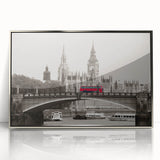 Large art print of the Thames River in muted gray and blue tones, framed in silver acrylic, ideal for modern art wall decor.