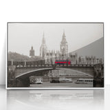 Mid-century modernist art of the Thames River in England, framed acrylic with muted blue and gray tones.