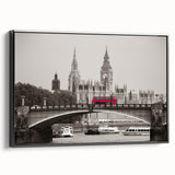 Black and white wall art of the Thames River in a vintage poster style on framed canvas, suitable for bedroom decor.