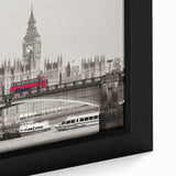 Black wall art featuring a textured depiction of the Thames River in vibrant colors on a framed canvas.