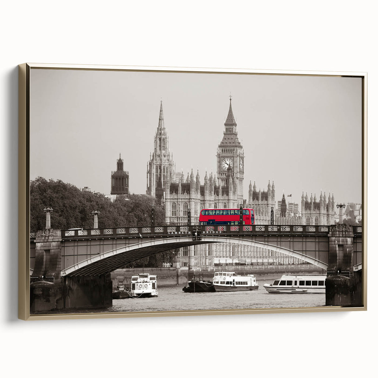 Framed canvas of a vintage-style Thames River landscape in black and gold, ideal for bedroom wall art.