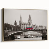 Framed canvas of a vintage-style Thames River landscape in black and gold, ideal for bedroom wall art.