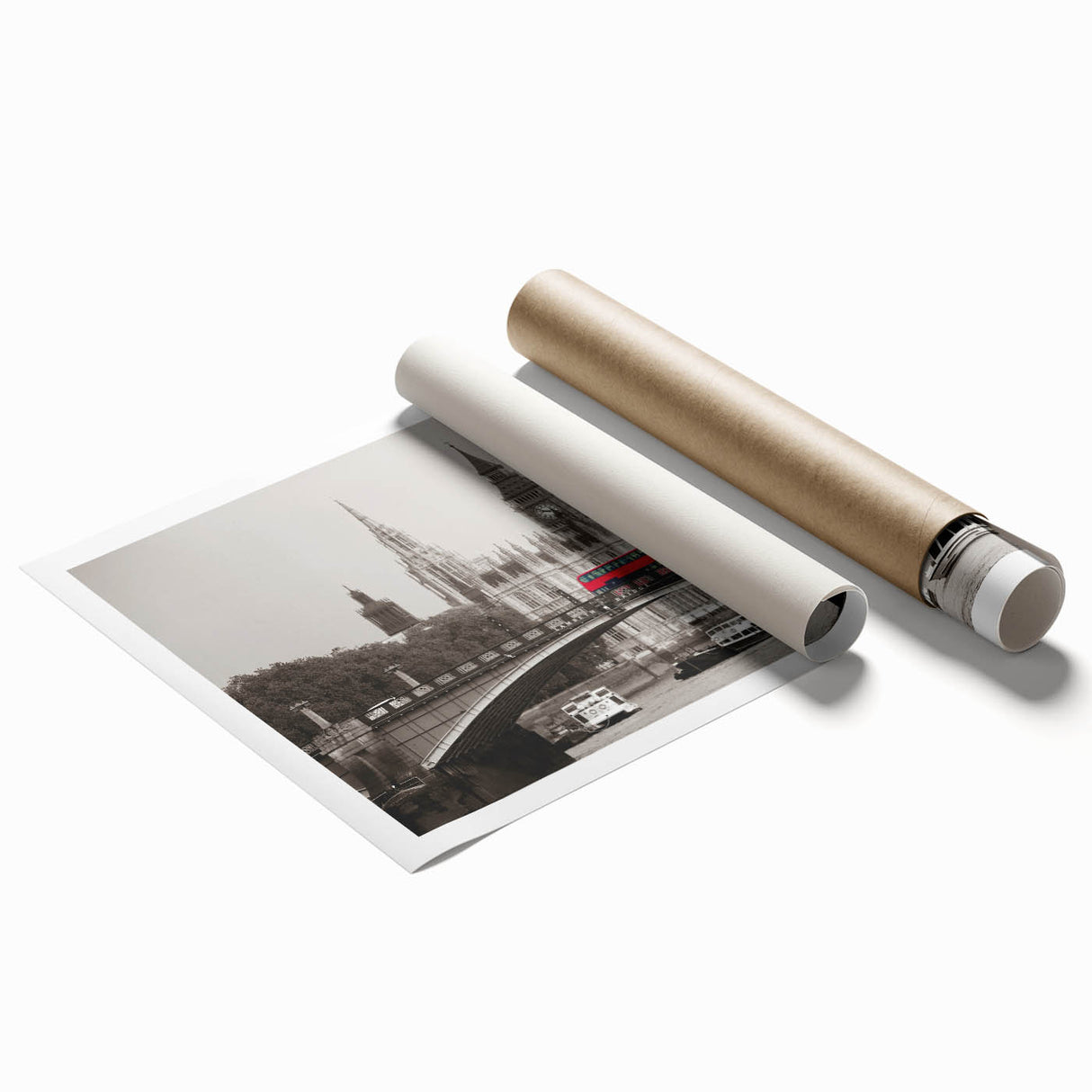 Extra large rolled print of the Thames River with floral accents in muted colors, ideal for classy bathroom wall art.