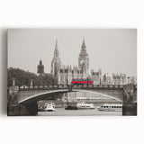 Black and white photograph of the Thames River on a stretched canvas, ideal for kitchen wall art or bedroom decor.
