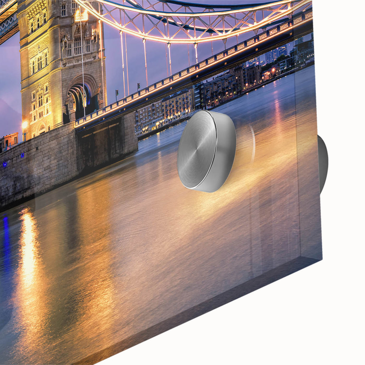 Acrylic print of the Tower Bridge in muted gray and blue tones, ideal for dining room art in a mid-century modernist style.