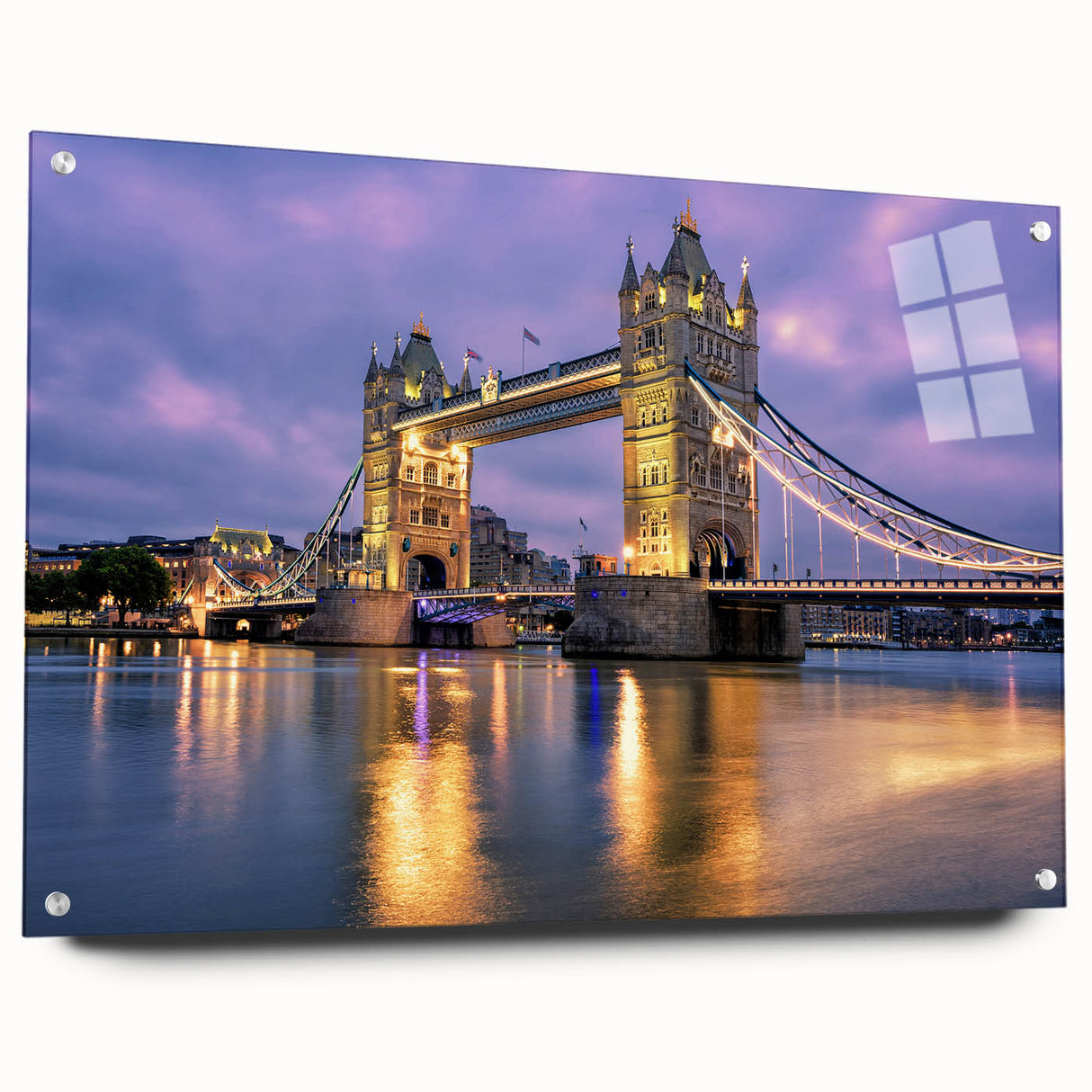 Acrylic print of the Tower Bridge in muted gray and blue tones, ideal for bedroom or dining room decor.