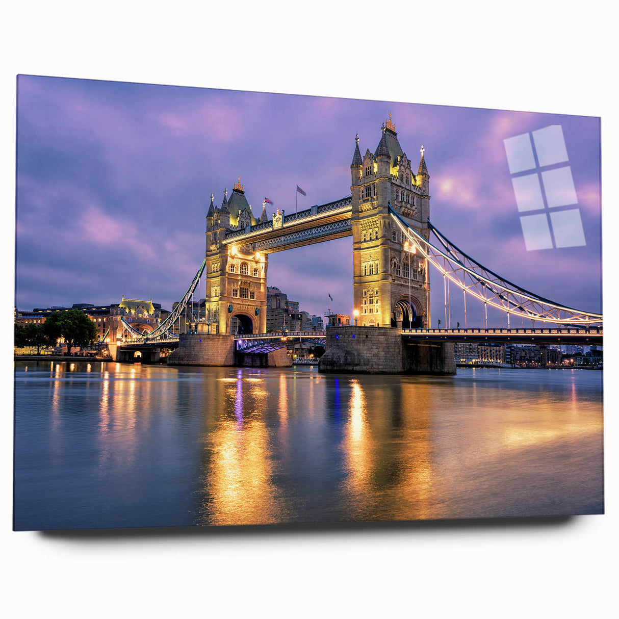 Acrylic print of the Tower Bridge in muted gray and blue tones, ideal for bedroom or dining room art.