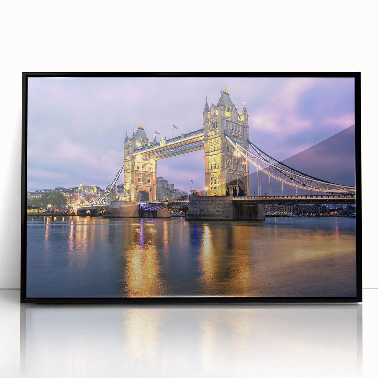 Large abstract wall art featuring the Tower Bridge in muted gray and blue tones, framed in black acrylic.