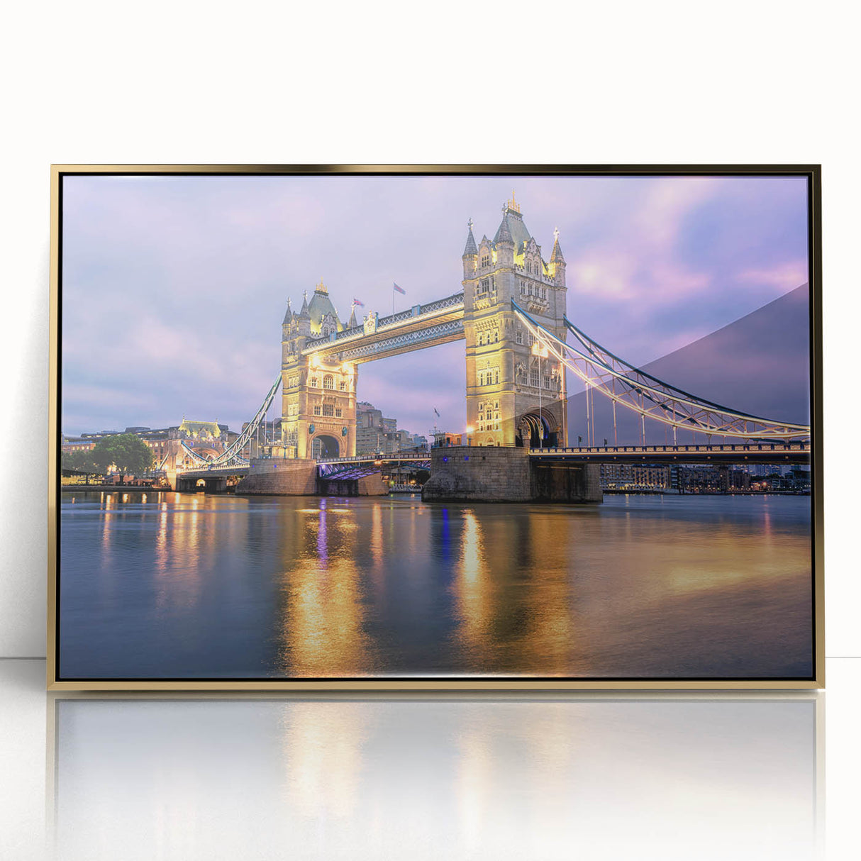 Acrylic print of Tower Bridge with muted gold and blue tones in an art deco style, suitable for modern art wall decor.