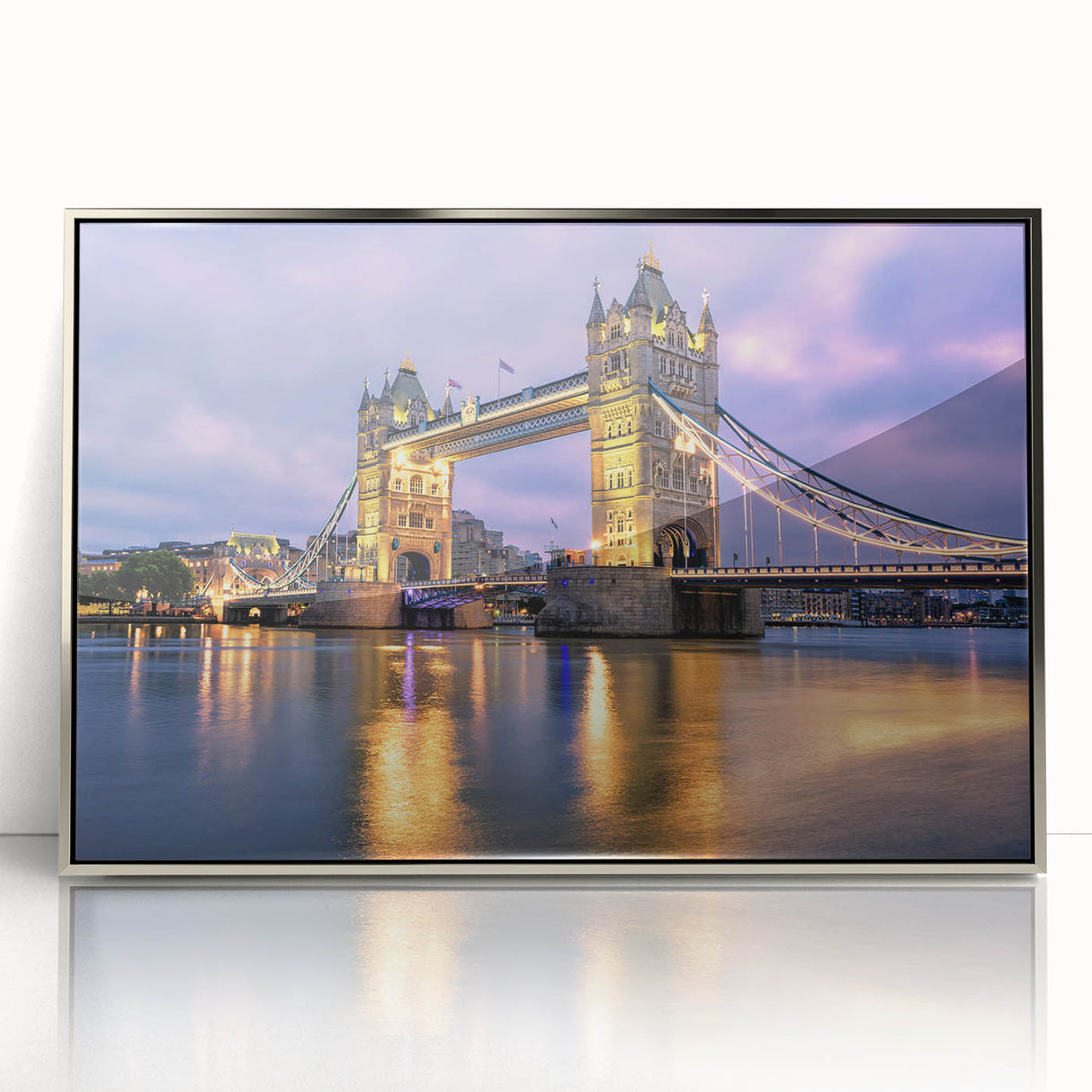 Acrylic print of Tower Bridge in muted gray and blue tones, framed in silver, suitable as modern art wall decor.