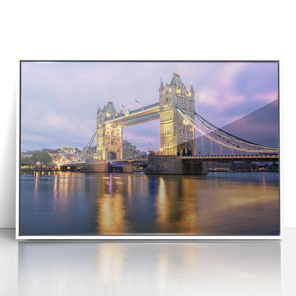 Mid-century modernist art depicting Tower Bridge in muted blue and gray tones on a framed acrylic print.