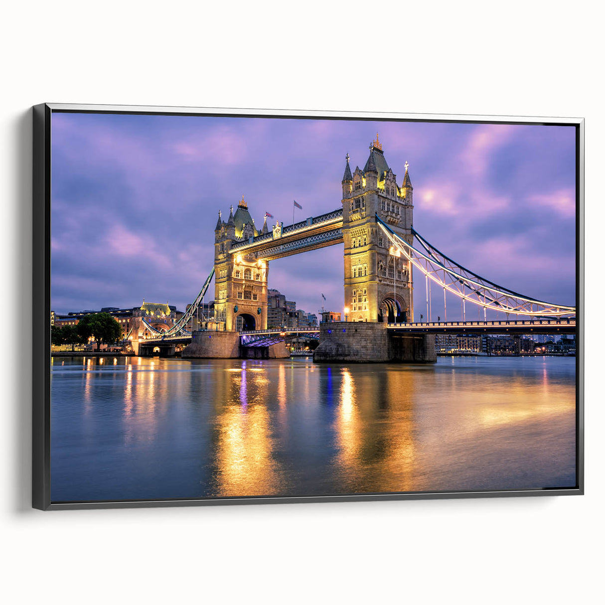 Black and white framed canvas of Tower Bridge, London in vintage poster style, suitable for bedroom wall decor.