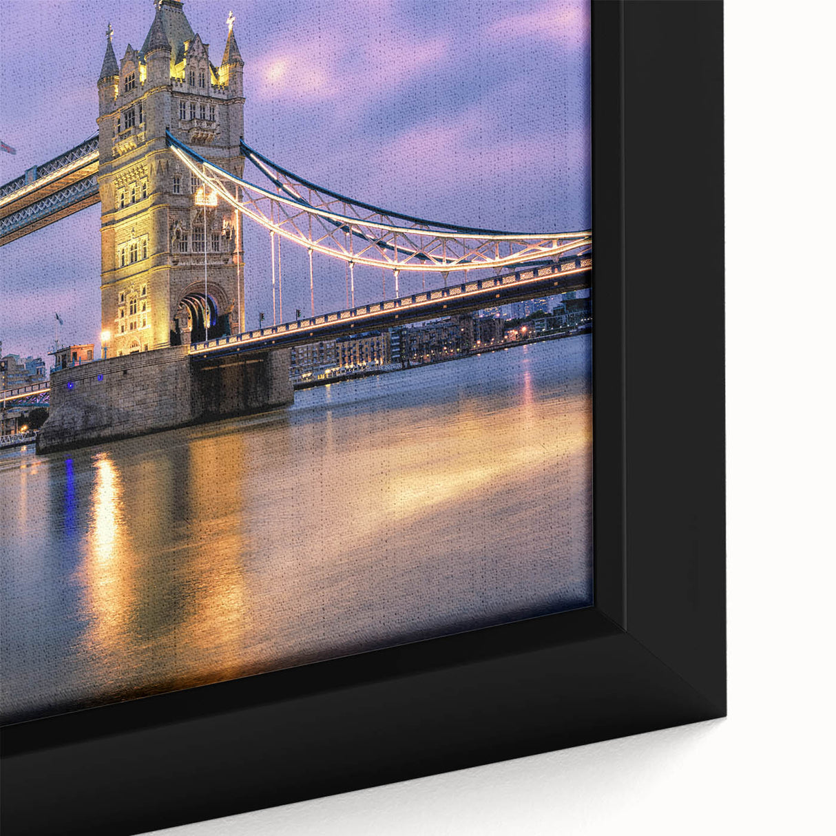 Framed canvas featuring a close-up of Tower Bridge in black with colorful, textured art accents.