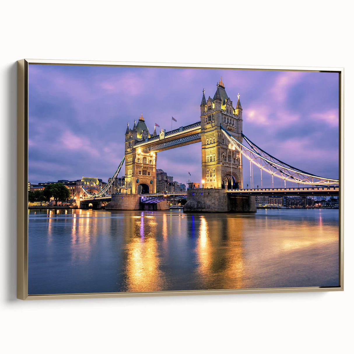 Framed canvas featuring a vintage-style painting of the Tower Bridge in England with muted gold and black tones.
