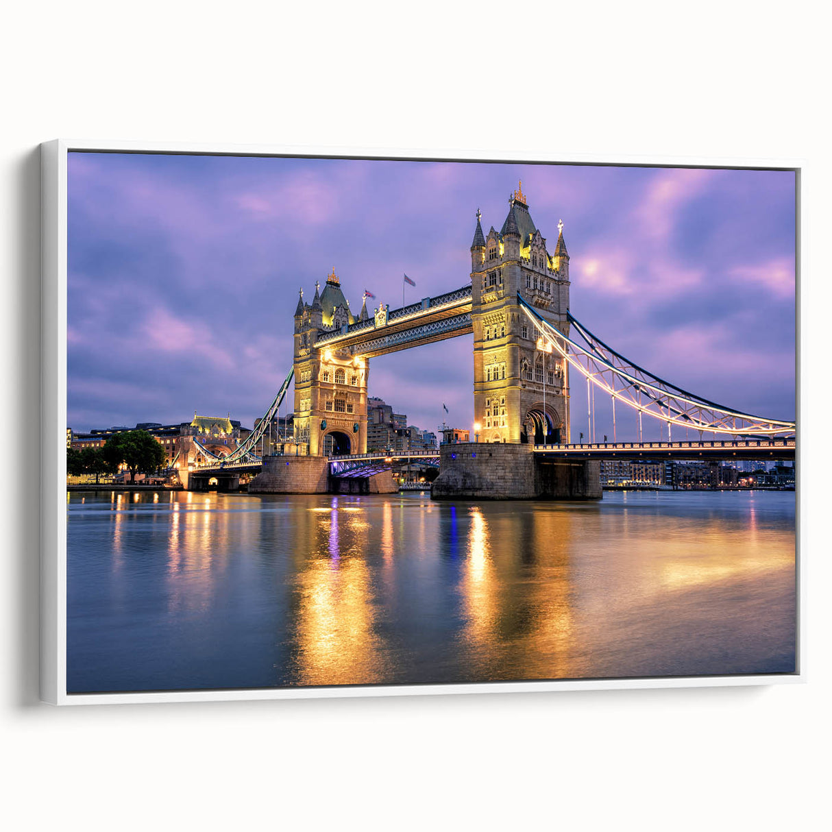 Vintage poster art of Tower Bridge in muted gray and blue tones on a large framed canvas, ideal for living room decor.