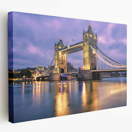Side view of a large canvas print depicting the Tower Bridge in muted blue and gray tones, suited for kitchen wall art.